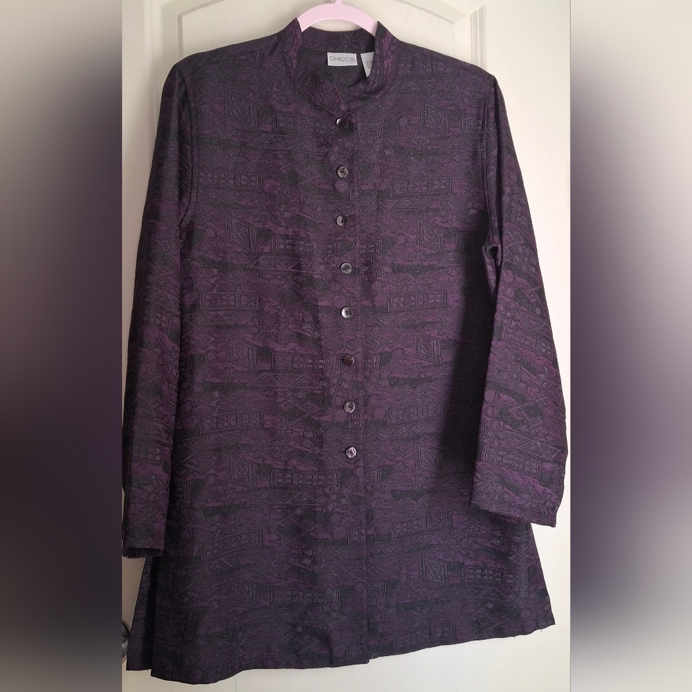 Chicos Purple Black Sz M 4/6 Blouse Shirt Top Unique Artsy Mystical Boho Formal